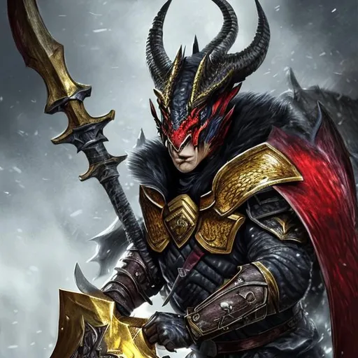 Prompt: hyper realistic man with black hair with a sheild of a red dragon on and a gold axe