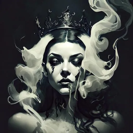 Prompt: intricate calligraphy smoke ink, witch summoning a crown out of smoke to hover above her head, beautiful Queen of smoke portrait, dripping black gold paint, smoke engulfing the surroundings in eerie tendrils, stylized fantasy art by WLOP, artgerm, peter mohrbacher, trending on artstation