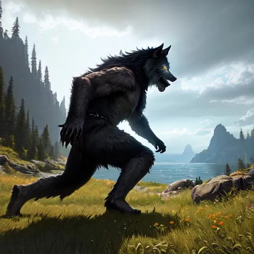 Prompt: Oil painting, landscape,  
ultra-realistic, 3d lighting, perfect composition, unreal engine 8k octane, 3d lighting, UHD, HDR, 8K, render, HD, 

highly detailed, camera  far away from the character, visible full body, 

ethereal, unnatural grey-skinned menacing werewolf in a battle stance resembling the Druid from Diablo 2 character, with big claws, a small tail, rear wolf limbs fibulas and hocks, and (gothic black and golden armor) with pauldrons, standing at the top of a lush hill in a dark forest at a red full moon's night, fighting infernal monsters. 

Landscape, (Masterfully crafted Glow, pale blue lens flare) behind