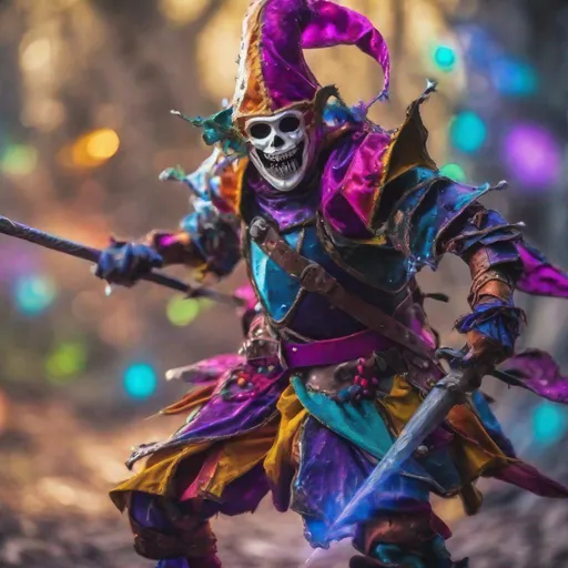 Prompt: A jester knight, colorful armor, unsettlingly strange, casting a spell, strange multicolored energy, dungeons and dragons, depth of field focused on the knight 