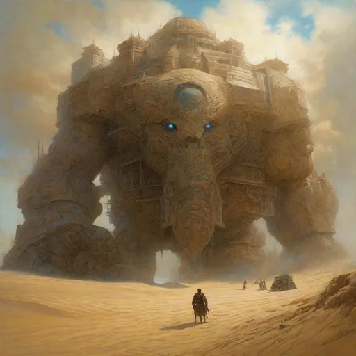 Prompt: ""Giant titan made entirely out of a sand" in the sytle of Luis Royo, artwork By Joe Fenton, Alejandro Burdisio, Greg Tocchini, Jean Baptiste Monge : highly detailed : hyperrealistic : Splash art : volumetric lighting : Portrait in colors""""