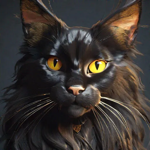 Prompt: black main coon cat with bright golden eyes, concept art, epic lighting, finely-tuned, octane rendering