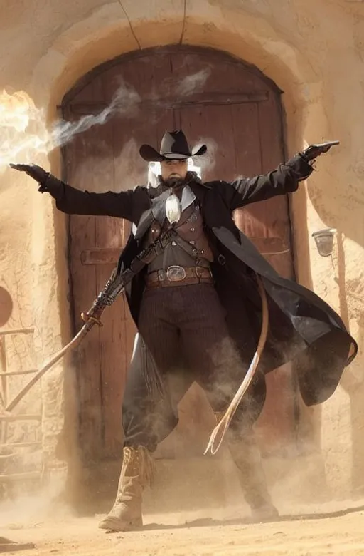 Prompt: Cyber Cowboy with 4 Arms, fiery red Poncho, Dressed in black duster and Stetson Cowboy Hat, with Red eyes, Haunting Presence, Intricately Detailed, Hyperdetailed, Desert Wild West Landscape, Dusty Midnight Lighting, Wild West Feel