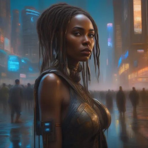 Prompt: beautiful African cyberpunk futuristic dramatic pose, city, insane details, volumetric lighting, reflection, cinematic film look, super realistic orientalist portrait by john william waterhouse and james gurney and theodore ralli and nasreddine dinet, oil on canvas. cinematic, hyper realism, realistic proportions, dramatic lighting, high detail 4 k