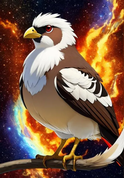 Prompt: UHD, , 8k,  oil painting, Anime,  Very detailed, zoomed out view of character, HD, High Quality, Anime, , Pokemon, Pidgey is a small, plump-bodied avian Pokémon with bold sharp facial features. It is primarily brown with a cream-colored face, underside, and flight feathers. On top of its head is a short crest of three tufts. The center crest feathers are brown and the outer two tufts are cream-colored. Just under its crest are its narrow eyes which have white sclera and pupil along with its black irises. Angular black marking extend from behind its eyes and continue down its cheeks. It has a short, stubby beak and feet with two toes in front and one in back. Both its beak and feet are a grayish-pink. It has a short, brown tail made of three feathers.

Pidgey has an extremely sharp sense of direction and homing instincts. It can travel straight back to its nest regardless of how far away they might have flown. It is a docile Pokémon and generally prefers to flee from its enemies rather than fight them. By flapping its wings rapidly, it can whip up dust clouds and create whirlwinds to protect itself and flush out potential pre

Pokémon by Frank Frazetta