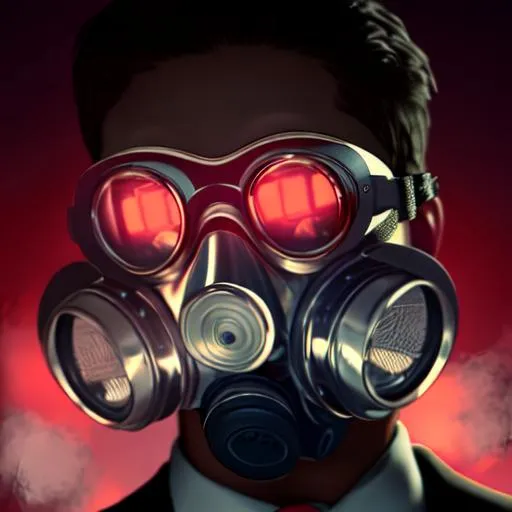 Prompt: HDR, professional, 64k, best version, masterpiece, 150mm, bokeh, A man with is wearing a traditional dual filter gas mask with glowing lenses and a 3 piece suit and a red tie, portrait,