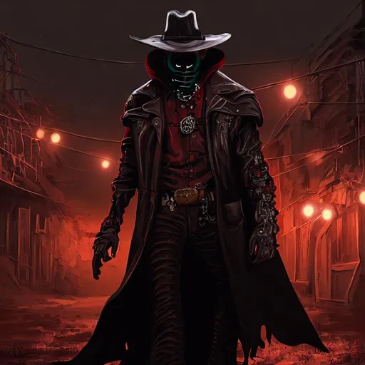 Prompt: Cyber Cowboy with 4 Arms, fiery red Poncho, Dressed in black duster and Stetson Cowboy Hat, with Red eyes, Haunting Presence, Intricately Detailed, Hyperdetailed, Desert Wild West Landscape, Dusty Midnight Lighting, Wild West Feel