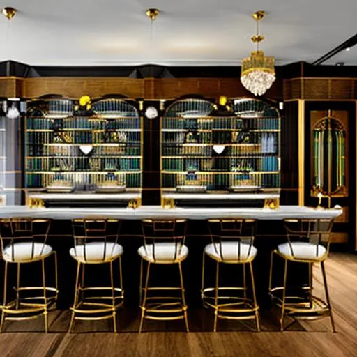 Prompt: "The bar resembled an art deco jewel box, with its walls of dark wood and gold, and its frosted panels of Lalique glass." 



