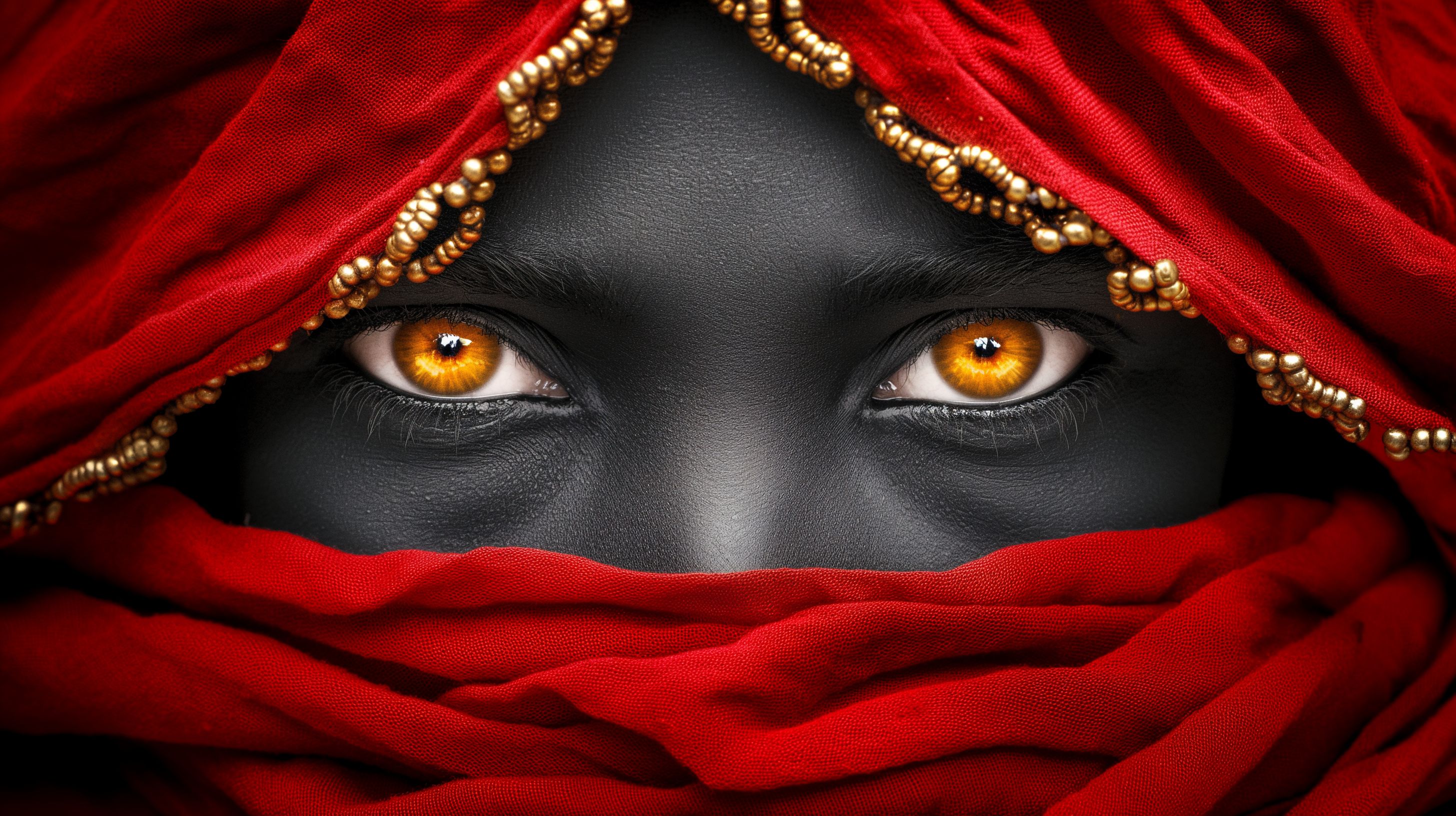 Prompt: attractive dark skin warrior women, tribe from africa, red cloth clothing with beads, peircing eyes, national geographic cover, styled after afgan girl - serious and somber look with a stone cold stare directly at focal point, realistic living with dirt, beauty and conflict --ar 16:9 --c 50 --v 6.0