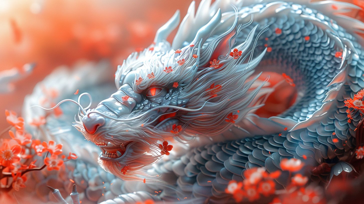 Prompt: Liquid metal dragon, its scales adorned with cherry blossom patterns, standing out against a red and white gradient background. The scene should evoke the precision of top-tier graphics engines, with a strong focus on the dragon's details --ar 16:9 --sref https://s.mj.run/nHSfbd21wqg --stylize 1000