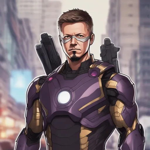 Prompt: Hawkeye in Iron Man suit anime artstyle