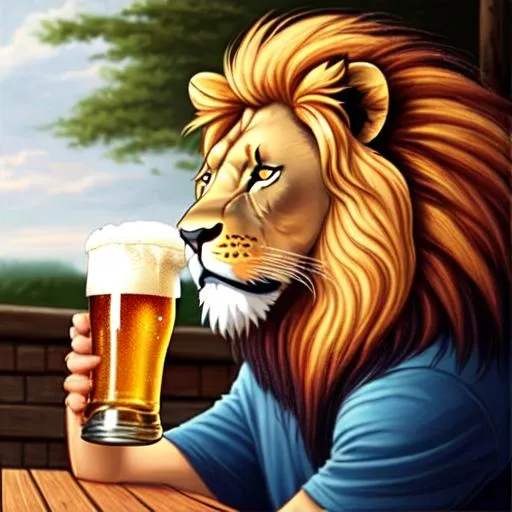 Prompt: A lion drinking beer