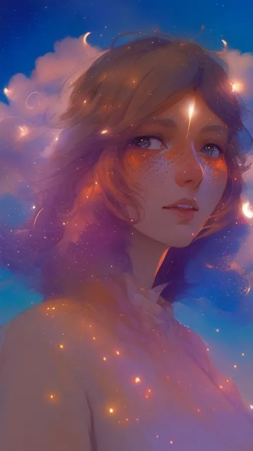 Prompt: A very beautiful woman with hair made of glowing clouds illuminated by shooting stars, and freckles made of stars, makeup made of stardust, art by Thomas Wells Schaller, Z.L. Feng, Jean Baptiste monge, gediminas pranckevicius, Atey Ghailan, Greg Rutkowski, Gilles Esnault, WLOP, by artgerm, art by Laura Hollingsworth, Andrew Atroshenko, 4k, pretty visuals, aesthetic, artstation, unreal engine, shadow effect, insanely detailed and intricate, highly detailed, sparkles, iridescent effect to the white clouds.