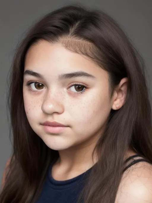 Prompt: photo realistic headshot of beautiful English 12-year-old girl symmetrical square face, wide-spaced eyes, broad square nose, heavyset brow, brown almond-shaped eyes, pinkish dark tan complexion, short wavy black hair, freckles, centered in frame, facing camera, symmetrical face, ideal human, 85mm lens,f8, photography, ultra details, natural light, light background, photo, Studio lighting