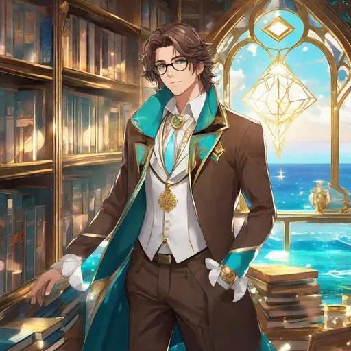 Prompt: Third person, gameplay, high quality, feminine man, shoulder length wavy brown hair, brown eyes, glasses, extravagant magical turqoise coat with gold trim, white dress pants, diamond motif, glasses, gold timepiece on wrist, gloves, cool atmosphere, magical laboratory with high bookshelves and a window overlooking the ocean, cool atmosphere, anime style, manga style, Studio Ghibli, extremely detailed print by Hayao Miyazaki, 