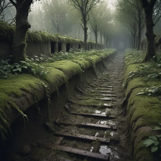 Prompt: Abandoned World War 1 trenches, muddy, overgrown with vegetation, eerie atmosphere, low light, desolate, historical, highres, realistic, somber tones, atmospheric lighting