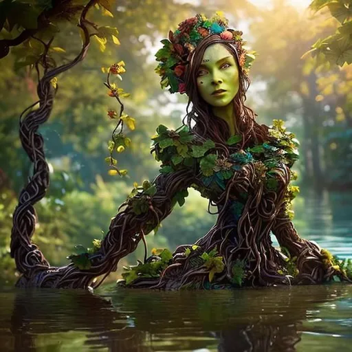 Prompt: Beautiful Treant woman, colorful flowers (wooden skin:1.3), brown straight vines, face made out of vines, flowers, waist deep in water, by wlop