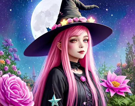 Prompt: witch with pink hair, wearing witch hat, cute, flowers, aesthetic, fairycore, disney, pixar, moon, stars, witchcraft, in a starry pastel sky, garden, sweet, dreamy, artstation, highres, realistic,  glittering, colorful, vibrant, detailed,celestial 