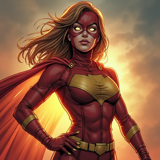 Prompt: superheroine in a  bright tight superhero outfit with a tight fitting head covering superhero mask (((covering hair, head, and face))), with glowing eye holes, realistic comic book themed background.