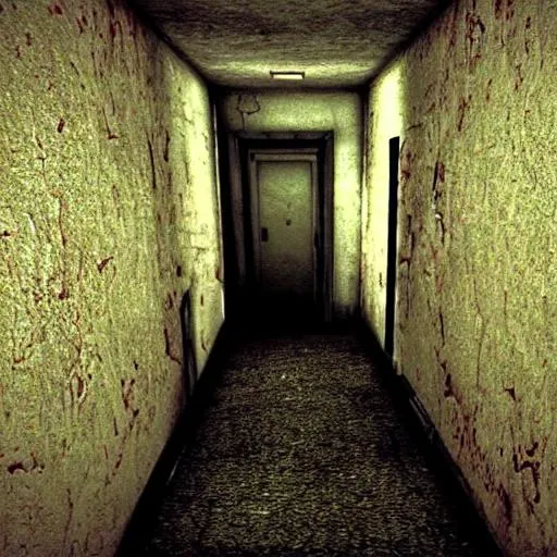 Prompt: silenthill, resident evil, backrooms locations, eerie walls, dark hallway