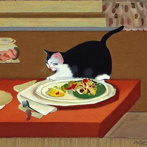 Prompt: Cat in Dining Bib at Supper With a Plate of Fish, by Tosa Mitsuoki