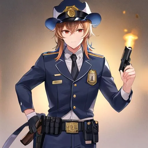 Prompt: Caleb as a police officer in a gunfight bullets flying
