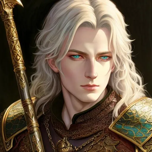 Prompt: medieval, fantasy, rpg, UHD, 8k, high quality, oil painting, Very detailed, detailed eyes, portrait of a dragon with pale skin. He wears armor and wields a sword and shield
