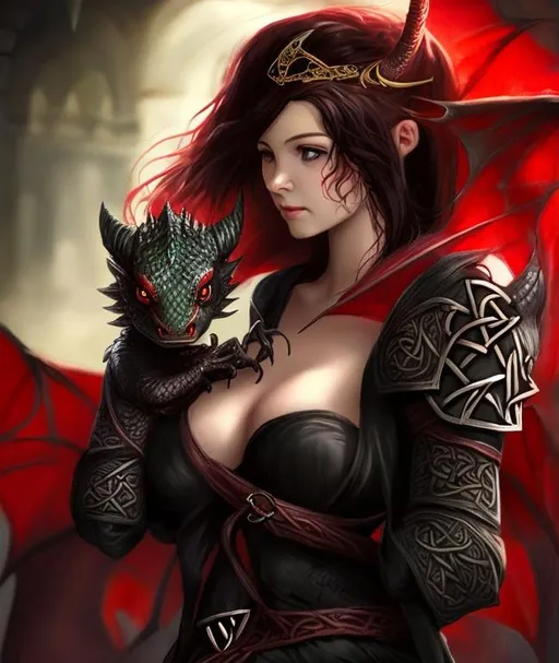 Prompt: Baby Red Dragon On Shoulder, Celtic, Beautiful, Female, Black Hair, Cleavage, Assassin