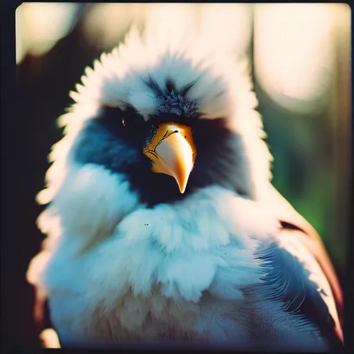 Prompt: Close-up Polaroid photo, of a fluffy bird, soft lighting, outdoors, 24mm Nikon z fx