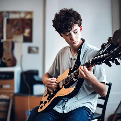 Prompt: A young man playing guitar








