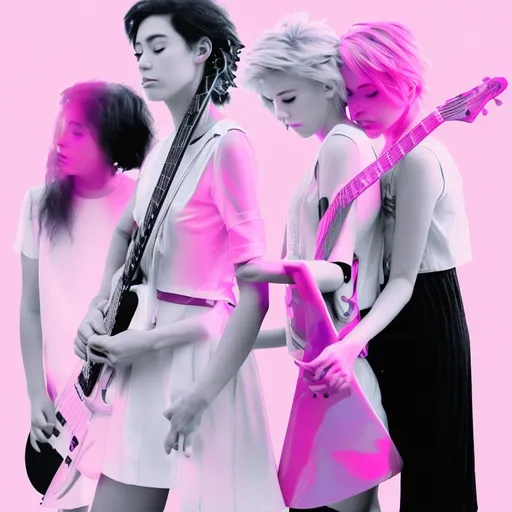 Prompt: Cover for a music album - for 2 sapphic lovers pink silver genderfluid - can’t see face -  guitar music - can’t see face - abstract - backs turned to the camera