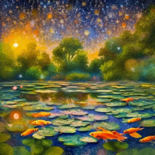 Prompt: impressionist painting of a pond with goldfish under a starry sky
