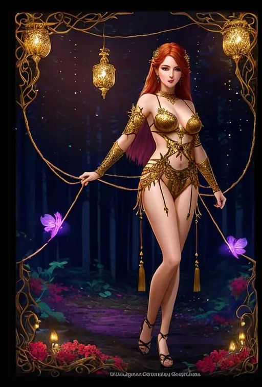 Prompt: Chiaroscuro, full-body painting of a beautiful pale-skinned night elf girl ((((naked)))), ( mahogany red hair with flowers, messy), ropes, ((forest background)), bioluminescent, (wearing intricate jewelry) gold gothic armor with golden filigree details and ornamental jewelry, vines, delicate, soft, fireflies, spiders, spider webs, webs, silk, threads, ethereal, luminous, glowing, dark contrast, celestial, highly detailed face, ribbons, trails of light, 3D lighting, soft light, vaporware, volumetric lighting, occlusion, Unreal Engine 5 128K UHD Octane, fractal, pi, fBm, mandelbrot