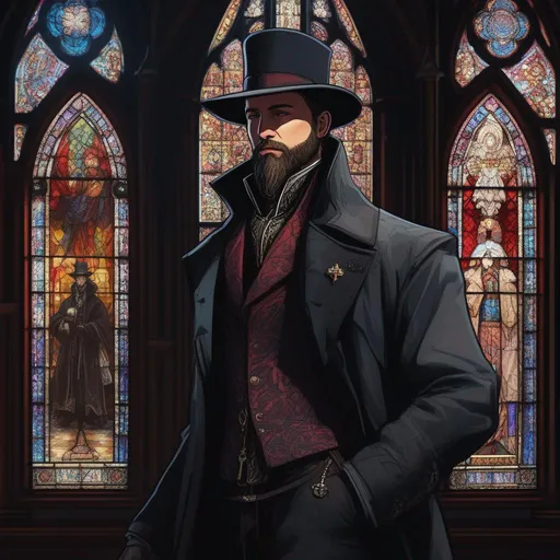 Prompt: dnd character, high detailed of a man, short hair, short beard, fantasy revolver, with coat and tophat, with religious iconography, style of Bloodborne, dark colours, surrounded by shadows in face, in a church, stain glass windows, Digital painting of a Large bestial man with a coat with religious iconography, style of Bloodborne, dark colours, surrounded by shadows in a church, stain glass windows ((style of Ravenloft, Ilya Kuvshinov)), full body, highly detailed, digital painting, artstation, hyperrealistic, sharp focus, illustration, art by artgerm and greg rutkowski and alphonse mucha, 8k, pretty eyes, award-winning cgi, blender, headshot