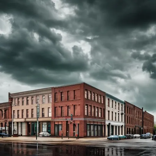 Prompt: 1960s cars tall window brick buildings  cloudy sky rainy weather tall window brick buildings high quality 4k realistic