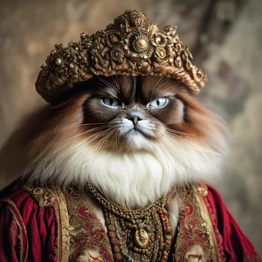 Prompt: Photo realistic image of a stunningly beautiful Himalayan cat, dressed in 1700s Renaissance clothing, complete with hat with feathered plumes, close up portrait shot, Nikon 35 mm fixed lens, natural light,