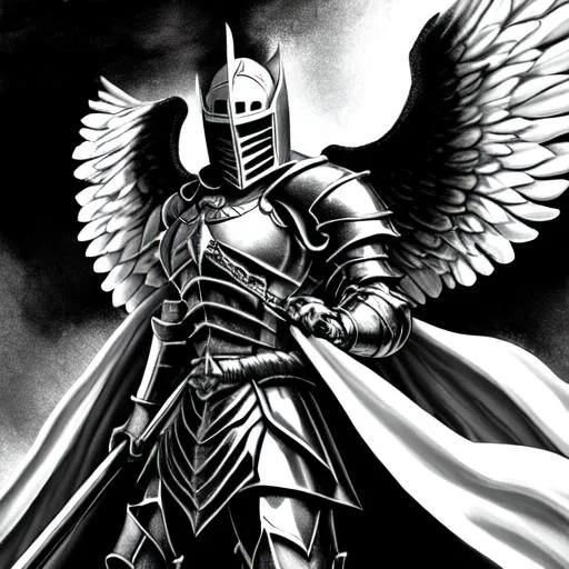 Prompt: black and white knight with angel wings
