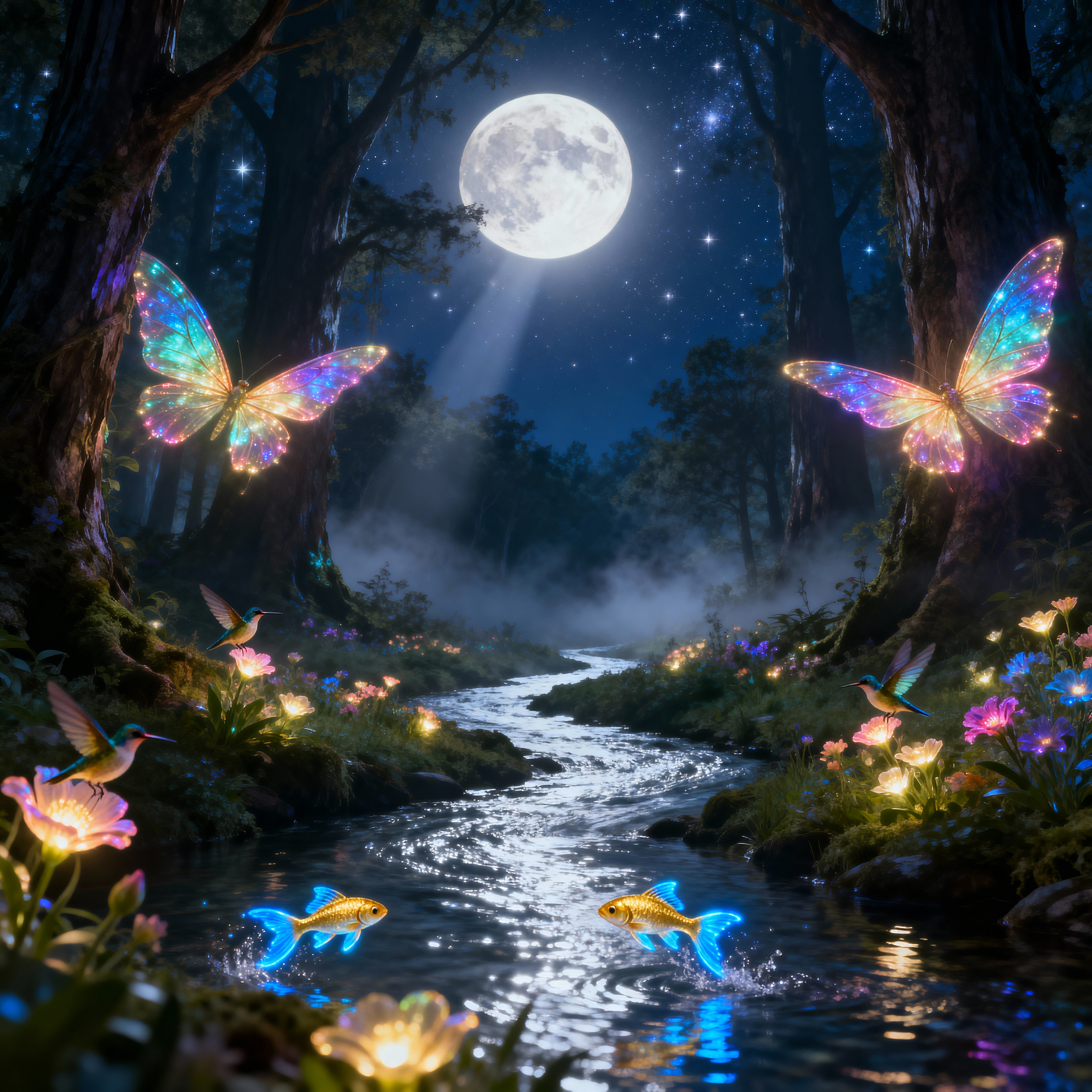 enchanted nighttime forest under a bright full moon...