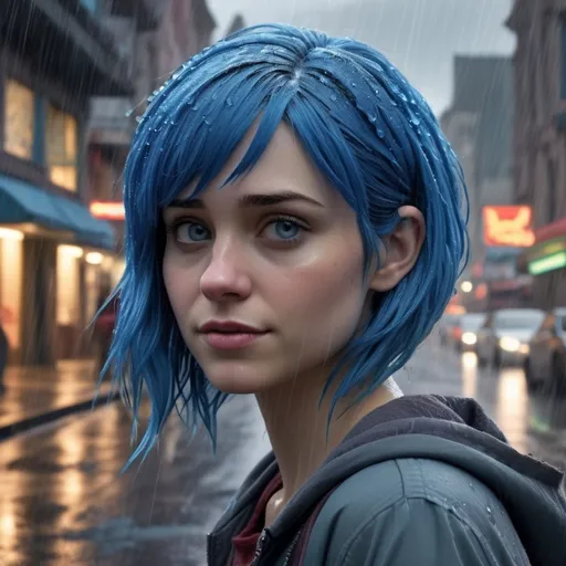 Prompt: a 18 year old (realistic adult human form of Joy from Disney's Inside Out), bright blue hair, big blue eyes, walking, gazing around her, rainy street, (emotionally challenging atmosphere), arms crossed under her chest, looking worried, gloomy and subdued color tones, reflections on wet pavement, light rain drizzling, warm light contrast, depth in facial features, capturing her essence of loneliness, high detail, serene yet tense vibe, high-quality image.