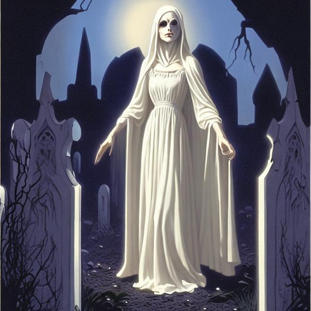 pale ghost woman wearing a long white dress, in a gr... OpenArt