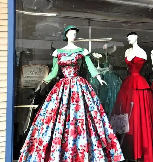 Prompt: photo of a traditional 1950's high school prom dress on a mannequin, traditional 1950's window display 
