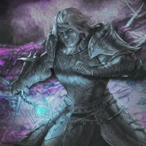 Prompt: Skyrim: Nordic Warrior Mage Lorkhan, Trickster-God-King of Humankind drawn in the style of the elder scrolls concept art and Marvel Comic Style, 80's, neon light, sci-fi elements, accentuated with thick outlines and shading, bold, dynamic, 8k, intricate details, close up headshot, dim lighting