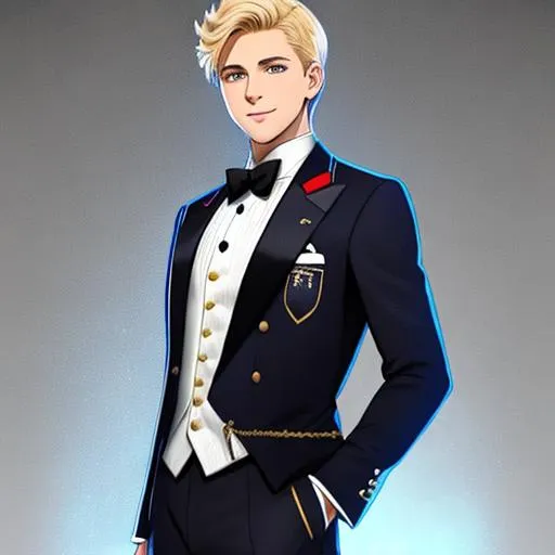 Prompt: Character concept art of a smiling noble fifteen year old boy with blond hair. He wears a white suit jacket with vertical blue and dark red stripes, blue vest with black buttons, a white dress shirt with black necktie, black trousers with thin white pinstripes, and a pair of black and white oxford dress shoes. He has bright blue eyes and smooth soft skin. intricate, elegant, highly detailed, digital painting, trending on artstation, detailed face, realistic face, smooth, sharp focus, illustration art by Stanley Lau