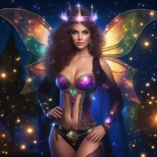 Prompt: A full body image of a stunningly beautiful, hyper realistic, buxom woman with bright eyes wearing a sparkly, glowing, skimpy, sheer, fairy, witches outfit on a breathtaking night with stars and colors with glowing sprites flying about