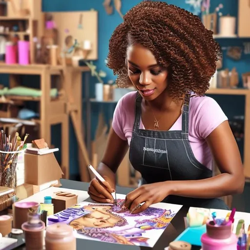 Prompt: Create an illustration of a Black woman crafting with brown curly hair. inside a craft room. hi-res. UHD, HDR. modern. futuristic. makers space. Ultra realistic. 3d rendering. 4k