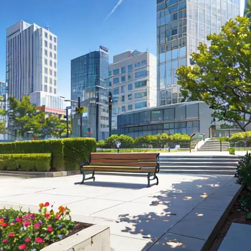 Prompt: bench facing front. no people
 facing front  white building
park stair  view  


