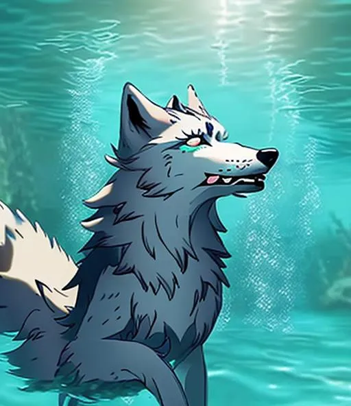 Prompt: Furry fursona wolf swimming underwater