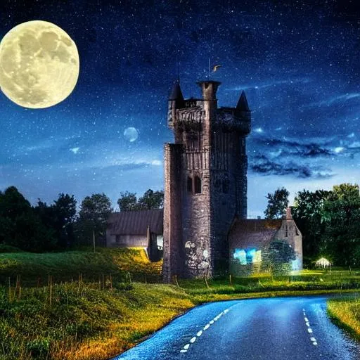 Prompt: Europe, Mediaeval knight, moon light, road, Romantic night