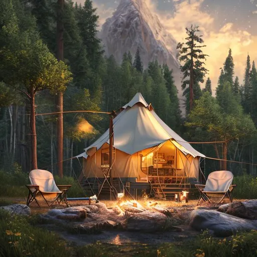 Prompt: Create a luxury outdoor camping, glamping scene. Professional Photo Realistic Image, RAW, artistation, hyper detailed, intricately detailed, intricate detail,  screen, complementary colors, concept art, 8k resolution, deviantart masterpiece, splash arts, ultra details Ultra realistic, hi res, UHD, 64k, 3D rendering.