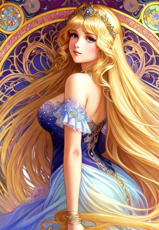 Prompt: Highly detailed girl,blonde crawl hair, ethereal, tiara, full art nouveau background, starsky background,mucha,alphonse mucha